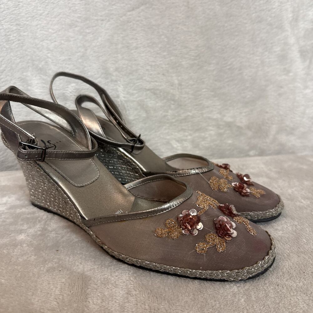 Vtg Y2K Silver Mesh Appliqué Wedge Espadrille Wedge Sandals Shoes Ankle Wrap 10
